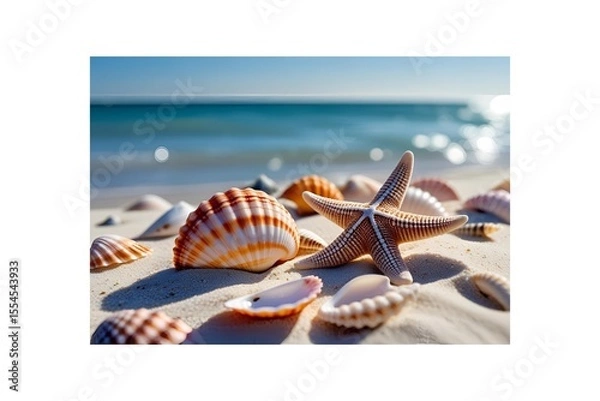 Fototapeta Close-up of several starfish relaxing on the golden sandy beach at sunset with seashells and waves in the background | illustration