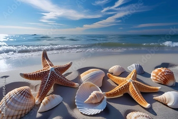 Fototapeta Close-up of several starfish relaxing on the golden sandy beach at sunset with seashells and waves in the background | illustration