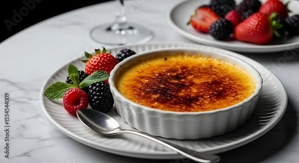 Fototapeta A delectable crème brûlée, perfectly caramelized, served with fresh berries and a hint of mint.