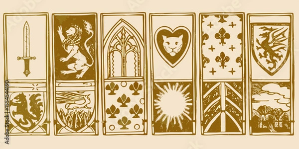 Fototapeta Collection of vintage tarot card designs featuring mythical creatures and symbols in gold tones