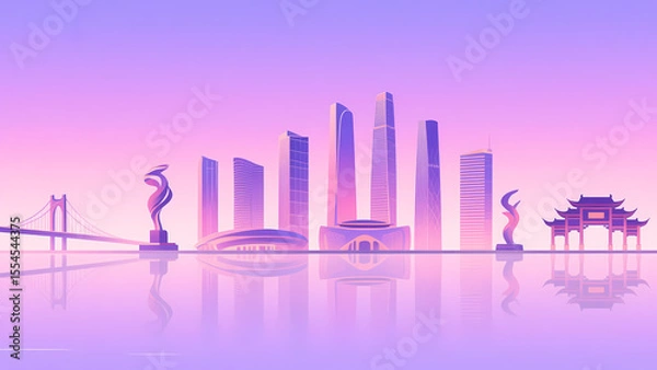 Fototapeta Modern Cityscape with Traditional Architecture and Sculptures at Dusk
