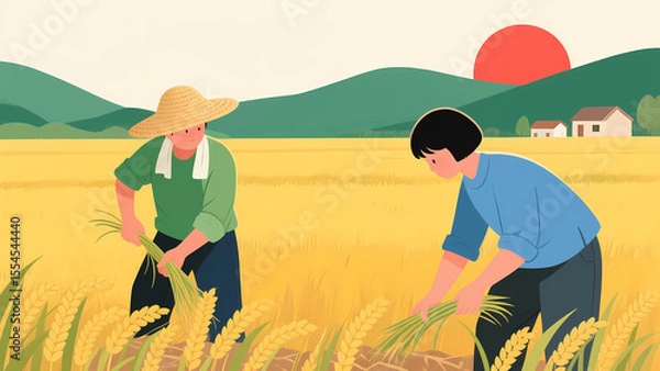 Fototapeta Farmers harvesting wheat in a golden field under a setting sun