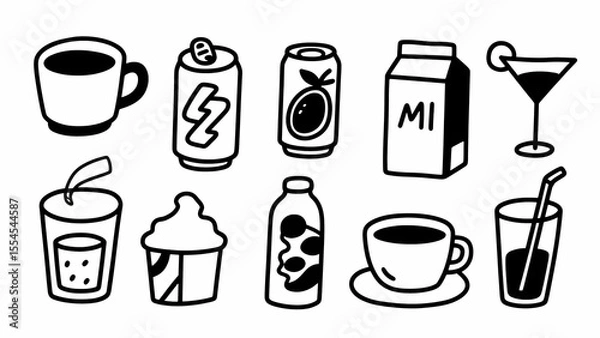 Fototapeta Collection of various beverage icons in black and white outline style