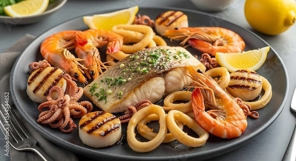Fototapeta A beautifully arranged seafood platter featuring grilled fish, shrimp, and calamari, garnished with lemon.