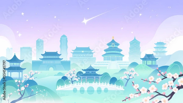 Fototapeta Pastel-colored traditional architecture with cherry blossoms and a serene bridge under a starry sky