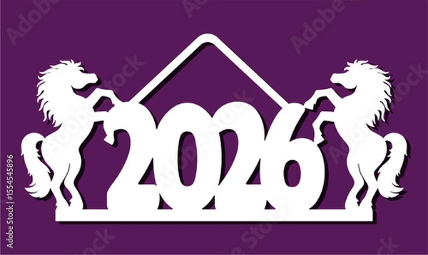Fototapeta Christmas hanging decoration. Two horses hold the numbers of the year 2026. Sign for door, interior, Christmas tree. Template for plotter laser cutting of paper, wood carving, metal engraving, cnc.