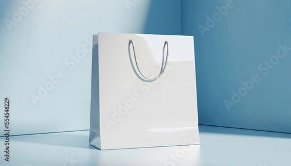 Fototapeta White shopping bag stands on a light blue surface under soft shadow, ideal for cosmetic branding visuals, product promo scenes, or minimalist advertising mockups.