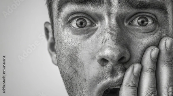 Fototapeta Intense close-up portrait of a man showing a shocked expression.