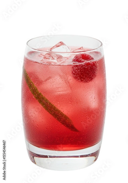 Fototapeta A vibrant mixed drink filled with ice, raspberries, and a lime peel in a clear glass