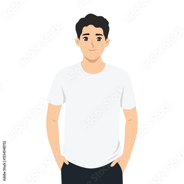 Fototapeta Relaxed young man in a plain white tshirt and black pants stands with his hands in his pockets. Flat Vector character illustration