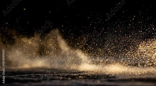 Fototapeta Golden sparkles descend on a dark, textured surface softly