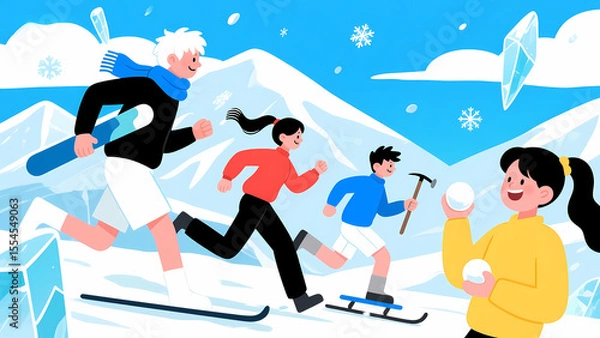 Fototapeta Family Enjoying Winter Activities in a Snowy Landscape