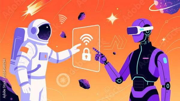 Fototapeta Astronaut and Robot Interact with Secure Wi-Fi Icon in Space