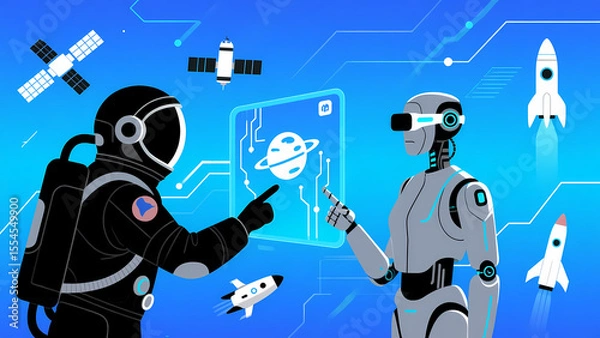 Fototapeta Astronaut and Robot Collaborate on Space Exploration with Planetary Data