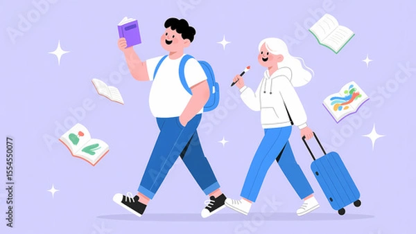 Fototapeta Two individuals walking while holding books and a suitcase, surrounded by floating papers.