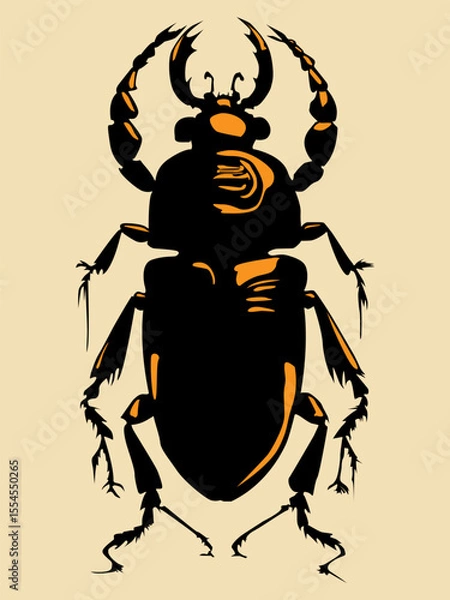 Obraz Vector illustration of a black beetle in orange highlights on a beige background. For your designs in a natural history style