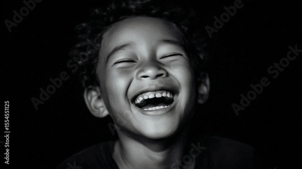 Fototapeta A joyful child with a big, genuine smile, captured in a stunning black and white portrait.