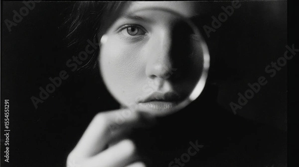 Fototapeta Intriguing black and white portrait of a person looking through a magnifying glass.