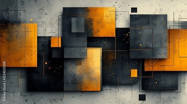 Fototapeta Abstract geometric art featuring black squares and yellow highlights on textured background