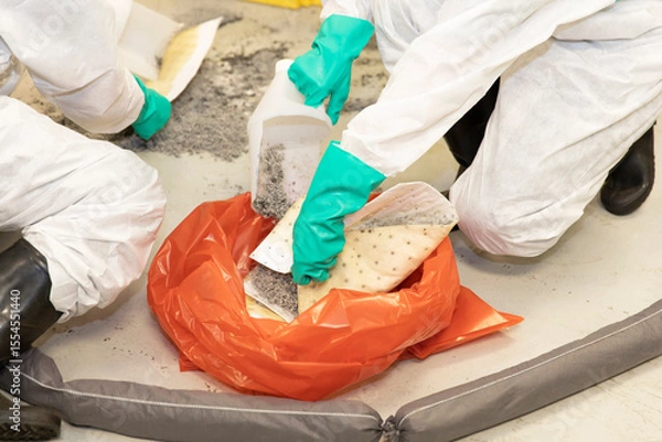 Obraz Hazmat Team Disposing Contaminated Powder Waste in Red Bag