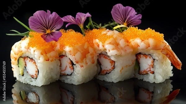 Obraz Sushi set with shrimp in tempura oshinko garnished with edible flower