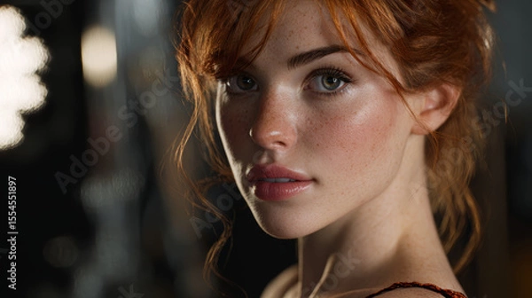 Fototapeta A stunning portrait of a red-haired woman with captivating green eyes and freckles.