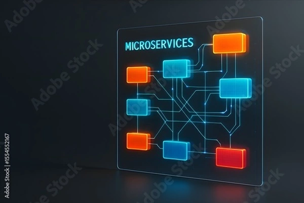 Fototapeta Digital Microservices Architecture with Tech Nodes for Software Presentations