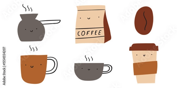 Fototapeta Collection of cute coffee characters. Hand drawn illustration. Isolated icons. Flat vector design on white background.