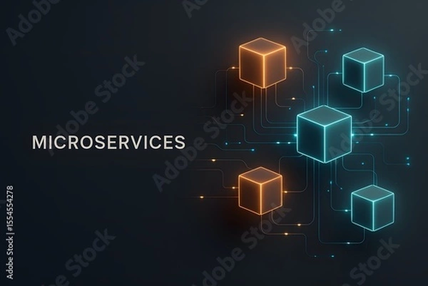Fototapeta Neon Microservices Architecture with Glowing Nodes for Tech Presentations