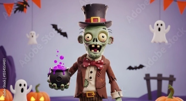 Fototapeta Spooky Halloween Zombie Character with Top Hat and Potion