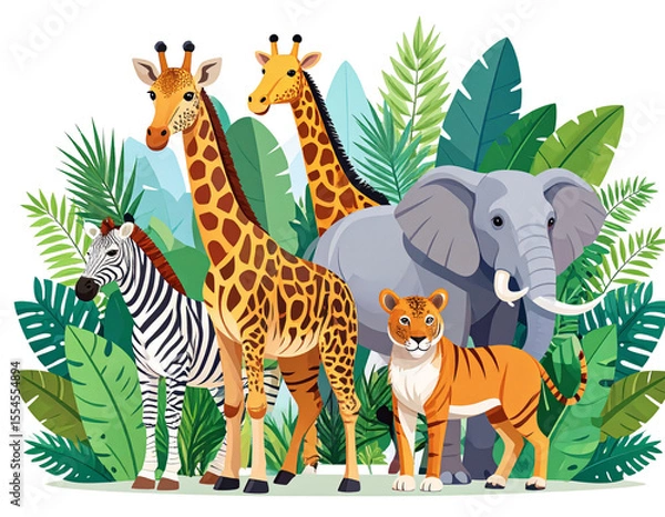 Fototapeta Group of Wild Animals in Flat Jungle Illustration Style, isolated on transparent background