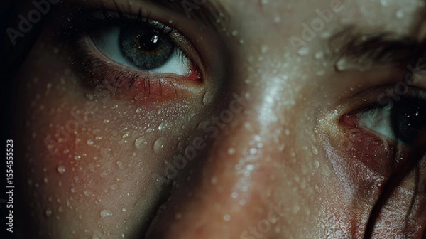 Fototapeta An intense close-up shot of a person's eye with water droplets on their face.