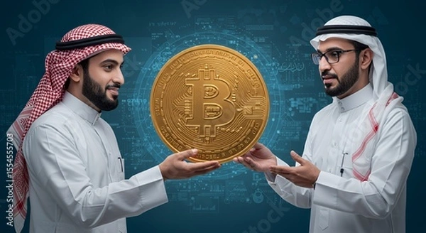Obraz Arab businessmen exchange a large gold Bitcoin, symbolizing cryptocurrency investment in the Middle East.