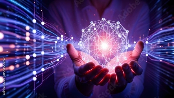 Fototapeta Person holding glowing neural network structure with abstract light streams