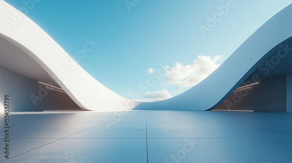 Fototapeta Futuristic architecture with empty concrete floor perfect for car mockups and product display backdrops