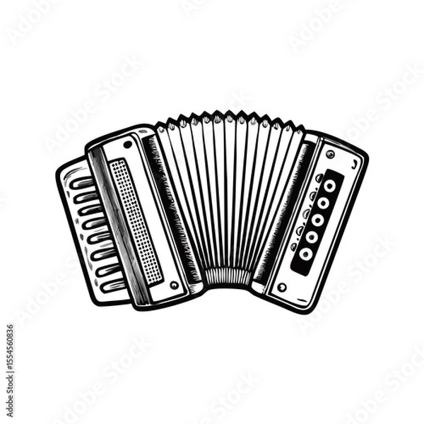 Obraz Vintage accordion with bellows fully open, detailed engraving style with buttons and keys visible. Oktoberfest music icon concept folk band merch, ethnic festival promo, traditional pub entertainment