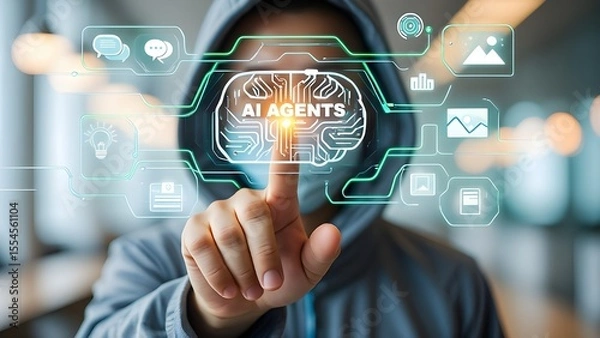 Fototapeta Person interacting with a futuristic ai agents interface displaying brain and icons
