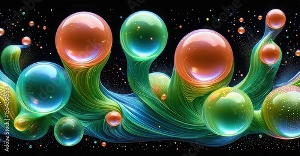 Fototapeta Colorful bubbles rise from wavy base. Vibrant hues blend, creating fluid abstract pattern. Background is dark, emphasizing luminosity.