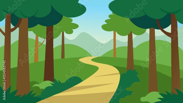 Fototapeta Cartoon forest landscape with green grass trees and fluffy clouds in a blue sky