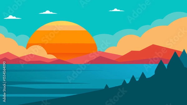 Fototapeta Vibrant sunset over calm water with mountain landscape and clouds