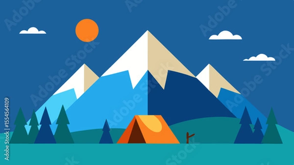 Fototapeta Stylized flat illustration of a tent pitched in front of snow capped mountains under a blue sky