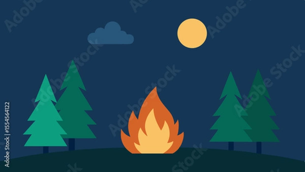 Fototapeta Flat design illustration of a campfire at night with trees and moon