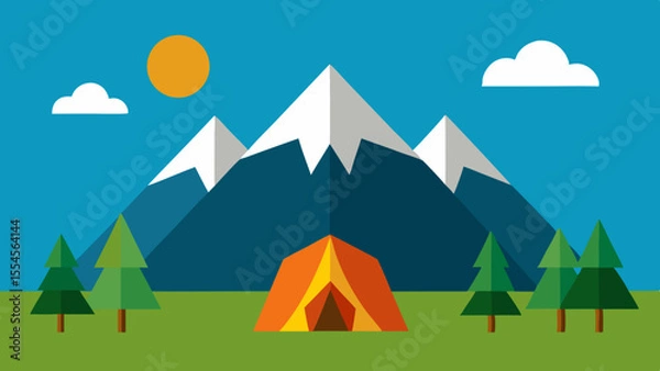 Fototapeta Flat design illustration of a camping tent in a mountain landscape with trees and sun