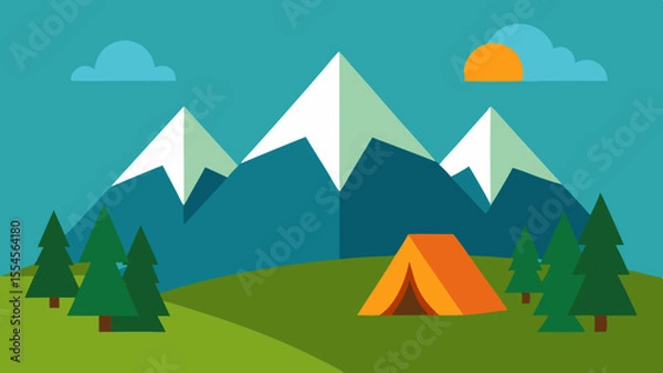 Fototapeta Flat design illustration of a camping tent pitched in a grassy meadow with snow capped mountains