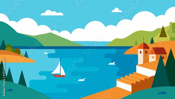 Fototapeta Flat design illustration of a serene lake with a sailboat and coastal village