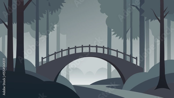 Fototapeta Serene arched bridge crossing a path through a misty dark forest landscape