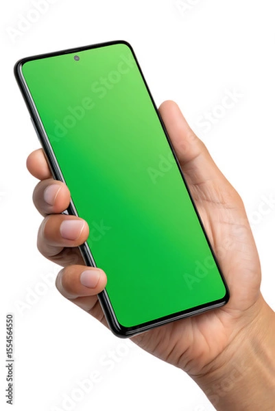 Obraz Smartphone with green screen held in hand on transparent background