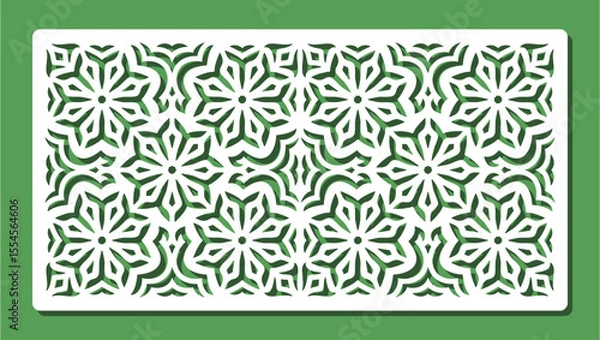 Fototapeta Floral geometric pattern stencil. Rectangular horizontal panel, lace lattice, screen, railing with abstract flowers. Template for plotter laser cutting of paper, wood carving, metal engraving, cnc.