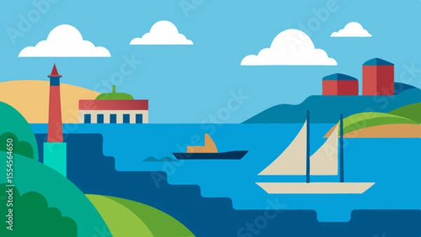 Fototapeta Stylized coastal landscape with lighthouse buildings and sailboats on blue water