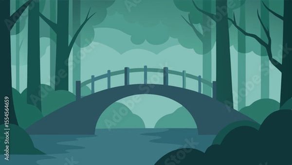 Fototapeta Tranquil forest scene with an arched bridge over a calm river